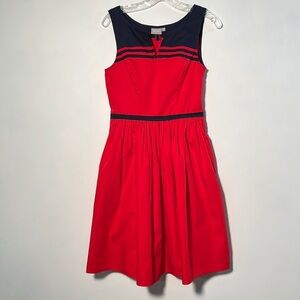 ESHAKTI Red/Navy Sleeveless Cotton Full Skirt Pin Up Preppy Party Dress SZ S/4